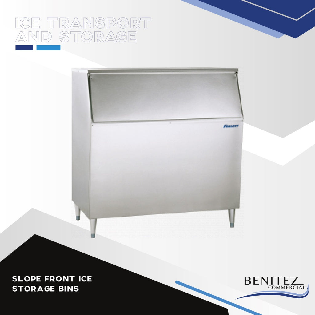 Slope front ice storage bins
